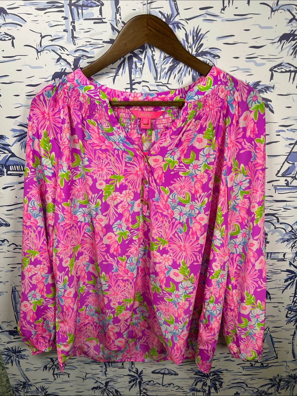 Lilly Pulitzer Pink Tropical Floral Peasant Top